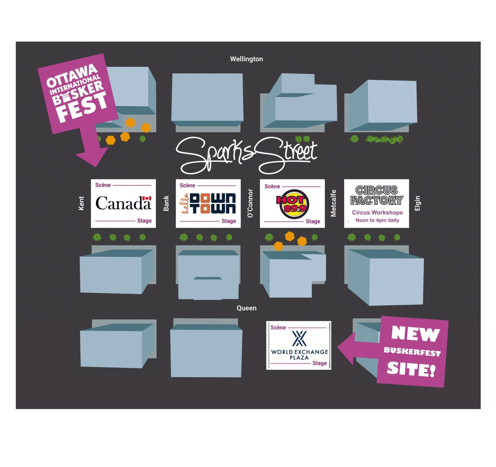 2026 festival site map showing the stages along Sparks Street, plus the new World Exchange Plaza site.